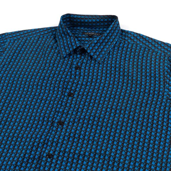 Verri Mens Blue Geometric Print (M) Button Up Shirt 100% Microfiber Tailored EUC - Picture 1 of 10